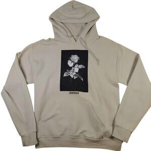 Bowery Supply Co Amour Hoodie Mens Medium Beige Graphic Rose Pullover Sweatshirt